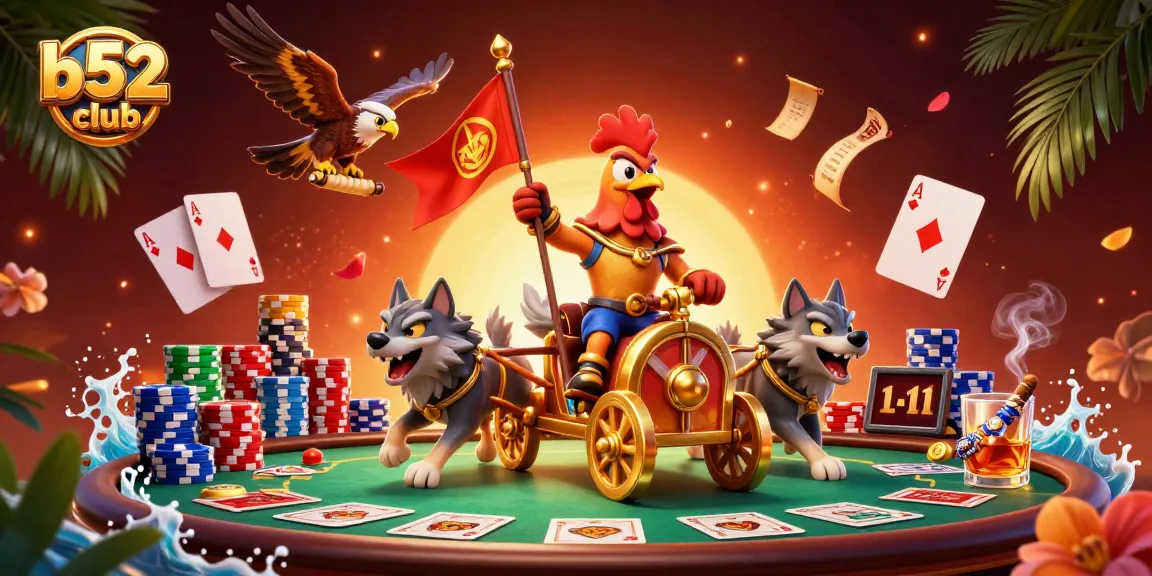 Join the thrilling action at b52club with a vibrant 3D scene of a rooster warlord conquering the poker table.