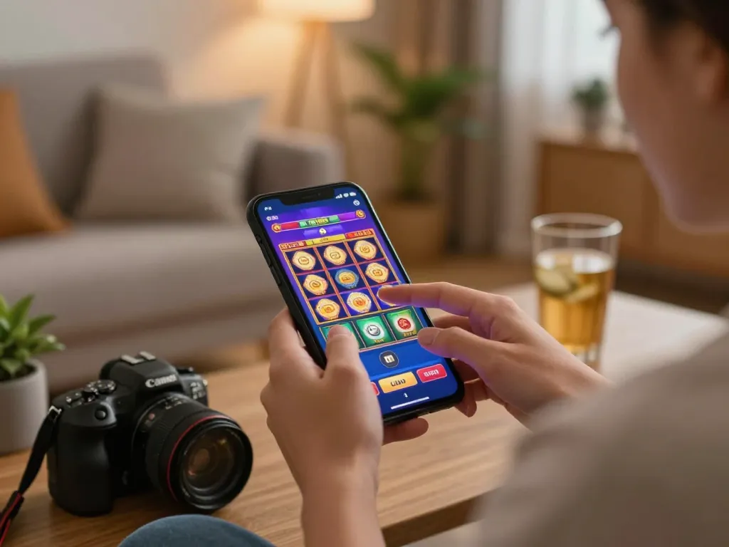 Player engaging in slots on Nhà cái bl555 app in cozy home setting.