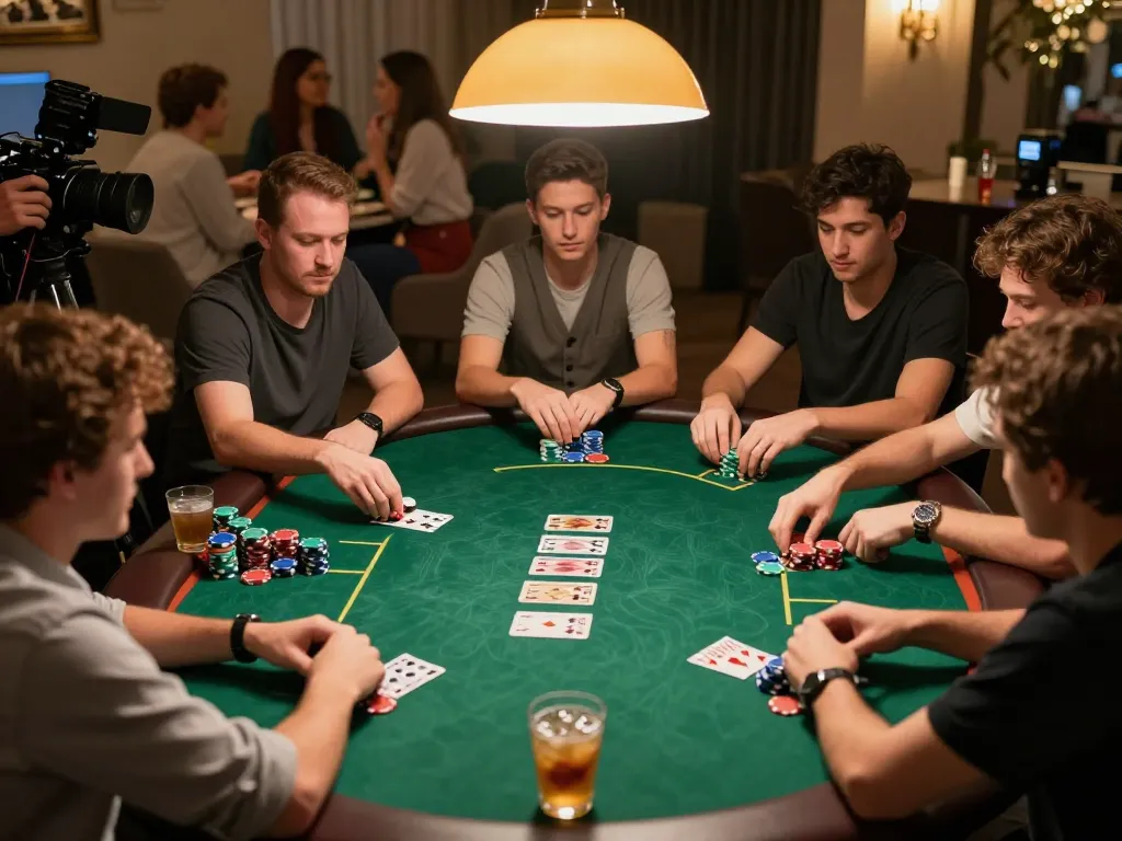 Tindakan poker situs toto dengan pemain yang merancang strategi dan energi kompetitif di meja permainan rumah.