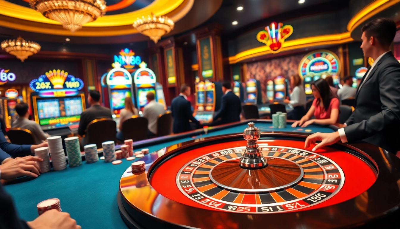 Experience exciting gaming action at the nh88 casino table with vibrant poker chips and slots.