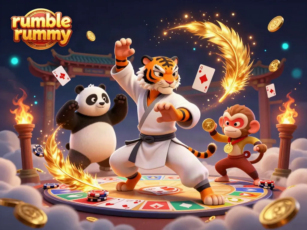 Engage in rumble rummy action with illustrated kung fu tiger, panda, and monkey in a gaming arena.