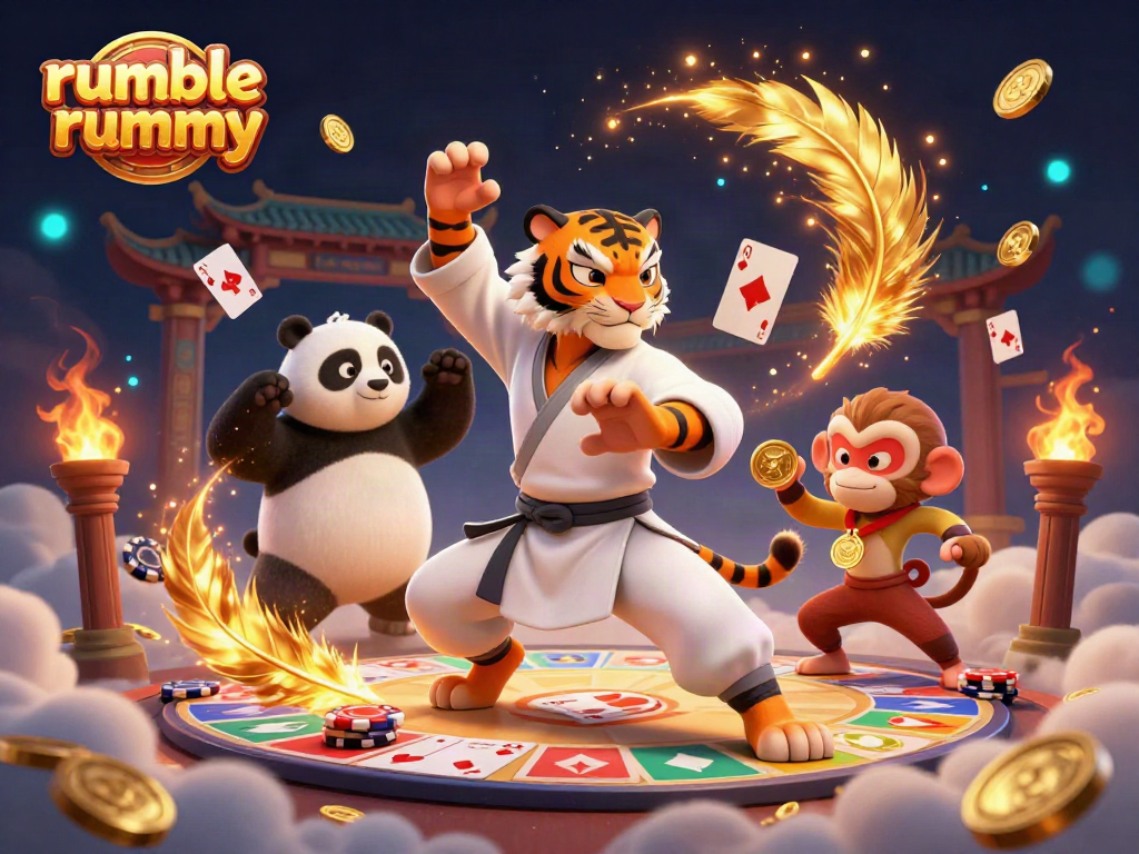 Engage in rumble rummy action with illustrated kung fu tiger, panda, and monkey in a gaming arena.