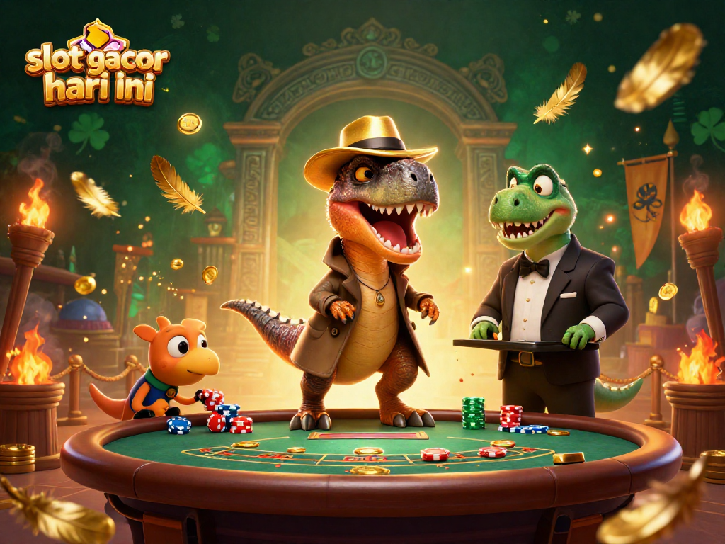 Visualisasi slot gacor hari ini dengan karakter dinosaurus di meja blackjack dan efek poker.
