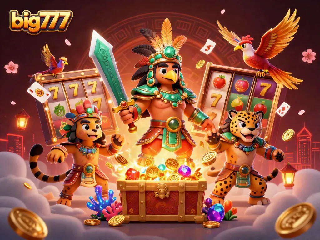 Experience the excitement of big777 with Aztec warriors and golden treasure in a vibrant casino illustration.