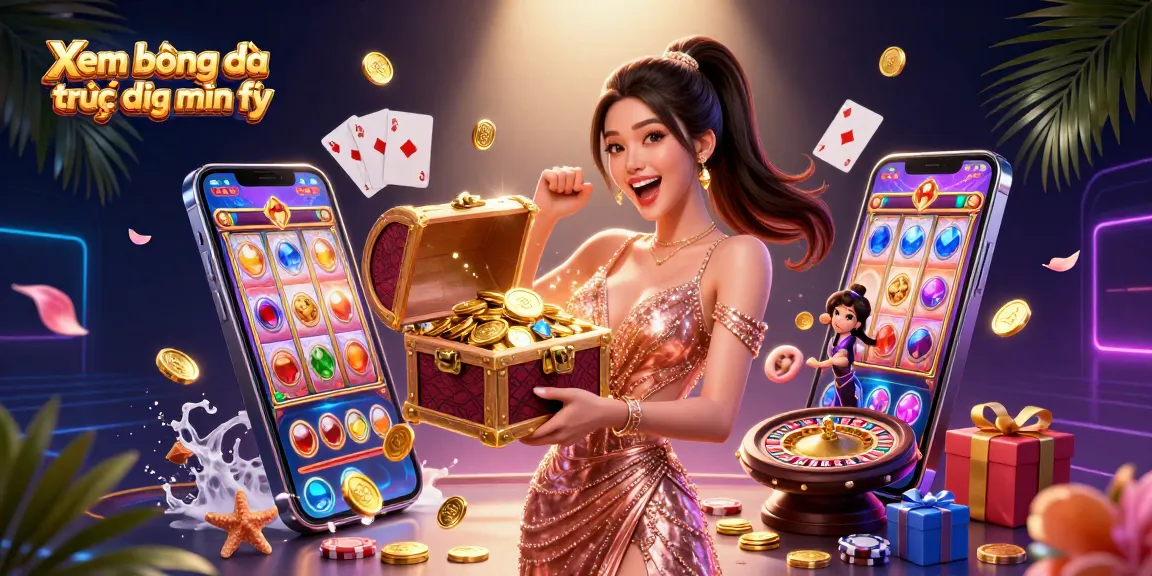 Xem bóng đá trực tiếp miễn phí with a joyful Asian woman showcasing treasure while surrounded by dynamic gambling elements.