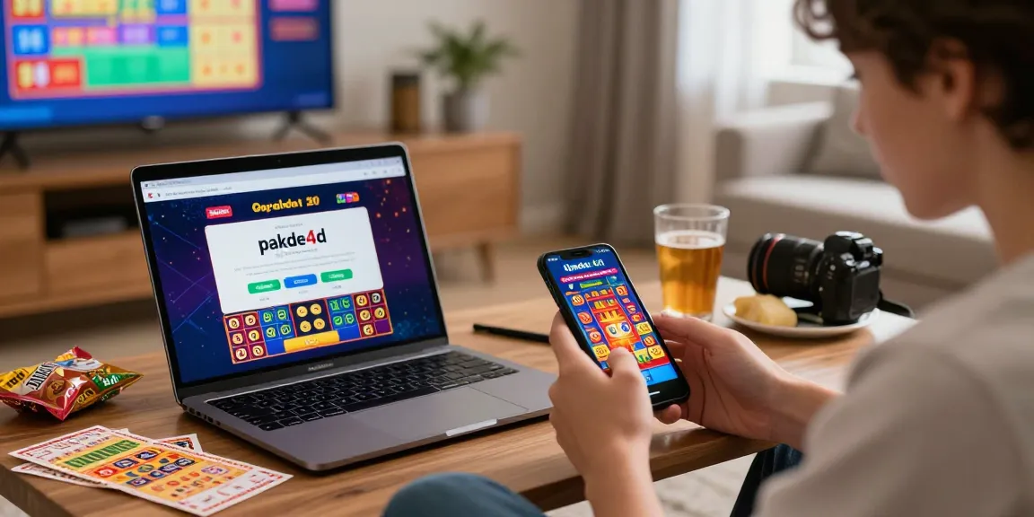 Engaging online gambling experience at pakde4d with lottery tickets and digital devices in a cozy setting.