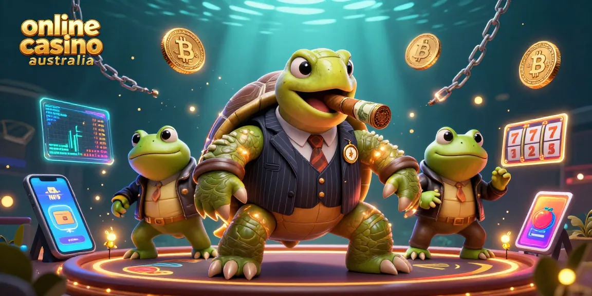 Experience the excitement of winning at online casino Australia with vibrant 3D turtles and crypto elements.