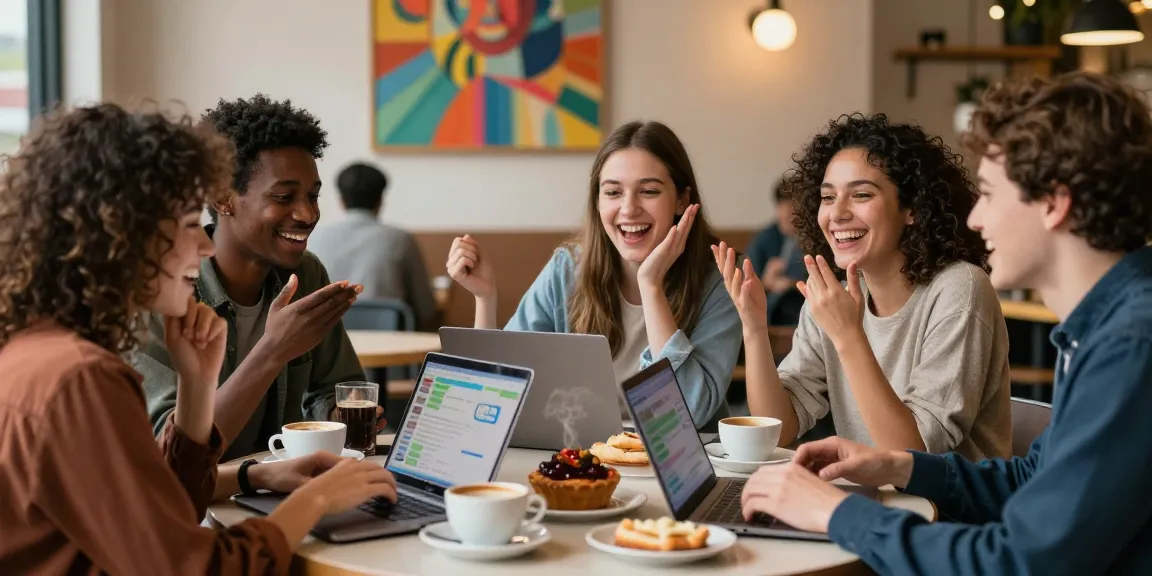 Group of friends enjoying spicy chat over coffee in a vibrant café