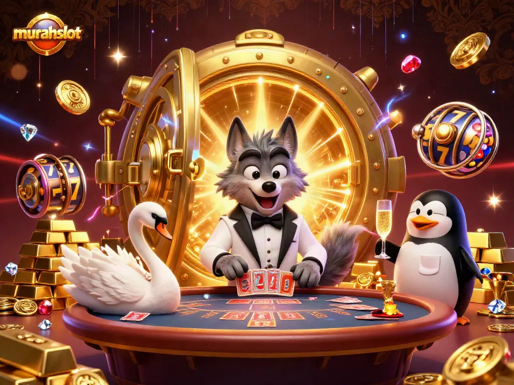 Permainan murahslot yang menampilkan wolf bergaya kartun dengan tuxedo, angsa elegan, dan penguin sommelier di latar belakang kasino