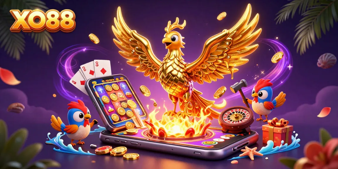 Experience thrilling casino action with XO88's dazzling 3D digital artwork showcasing a molten gold phoenix.