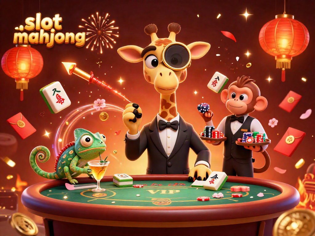 Experience the excitement of slot mahjong with a vibrant 3D scene featuring energetic gambling characters and festive elements.