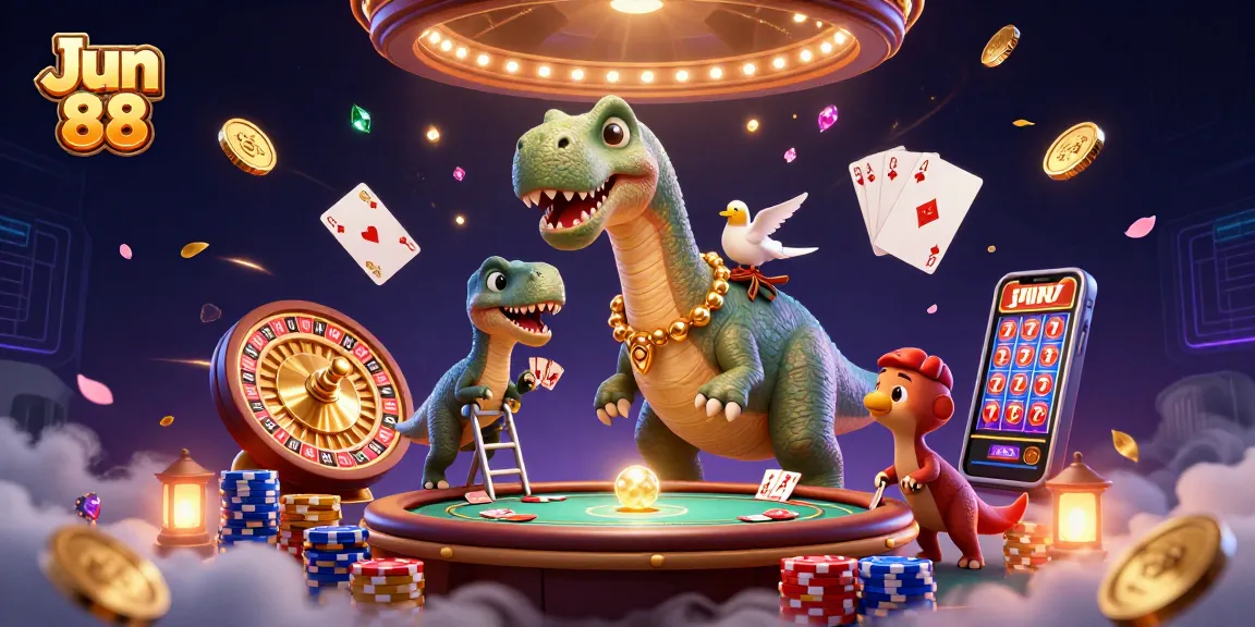 Play exciting games and explore Jun 88's vibrant casino world with stacked poker chips and golden coins.