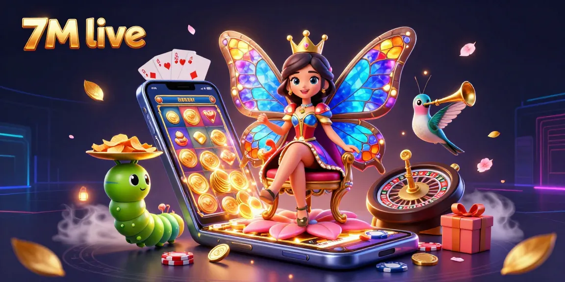 Experience the thrill of betting with 7M live, showcasing vibrant casino elements and engaging characters.