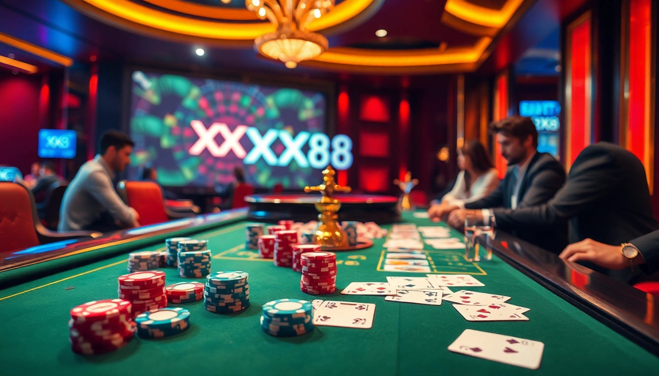Exciting gameplay at the luxury XX88 casino, showcasing poker chips and roulette wheel.