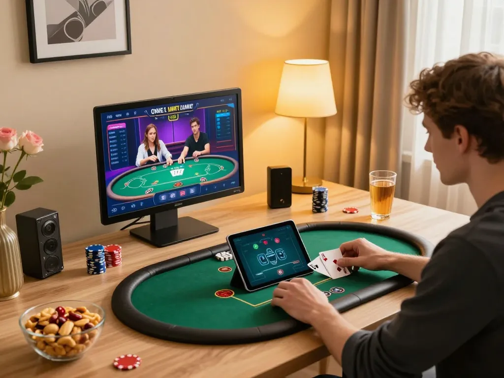 Engaging player enjoying poker on tablet at home with cm888 app interface.