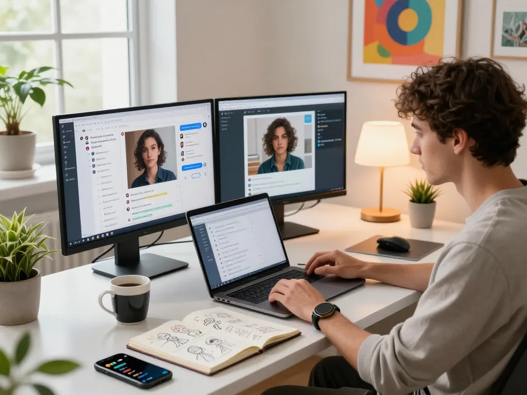 Engaging in free ai sex chat on a modern laptop in a bright home office, showcasing vibrant AI interactions and creative workspace.