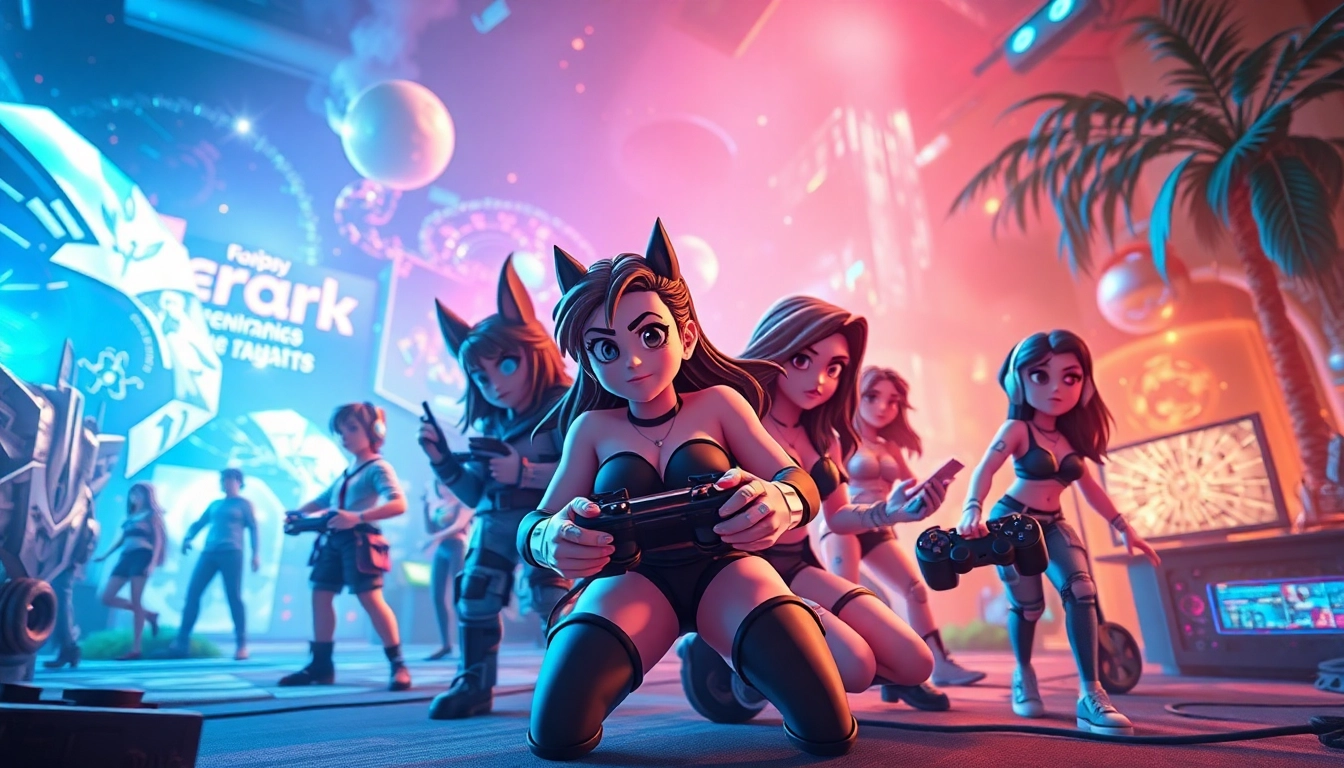 Porn games scene featuring vibrant characters and gaming elements in a digital landscape