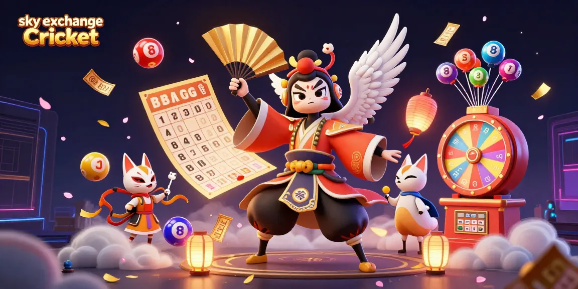 Engaging illustration of sky exchange Cricket featuring animated kabuki characters amidst vibrant lottery elements.