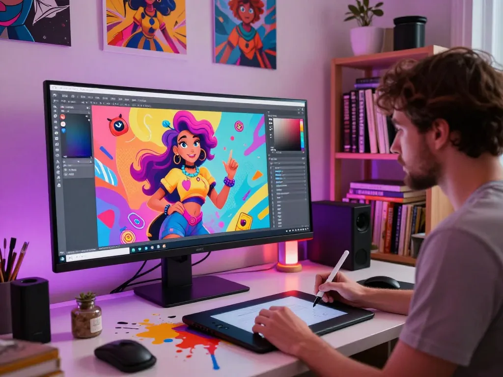 Creative artist designing interactive nsfw ai characters in a vibrant digital studio.