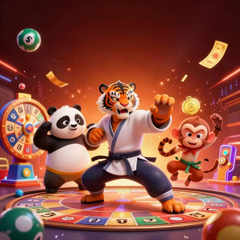 Kung-fu tiger, panda, and monkey amid casino magic, spinning wheel, lottery balls, and glowing embers.