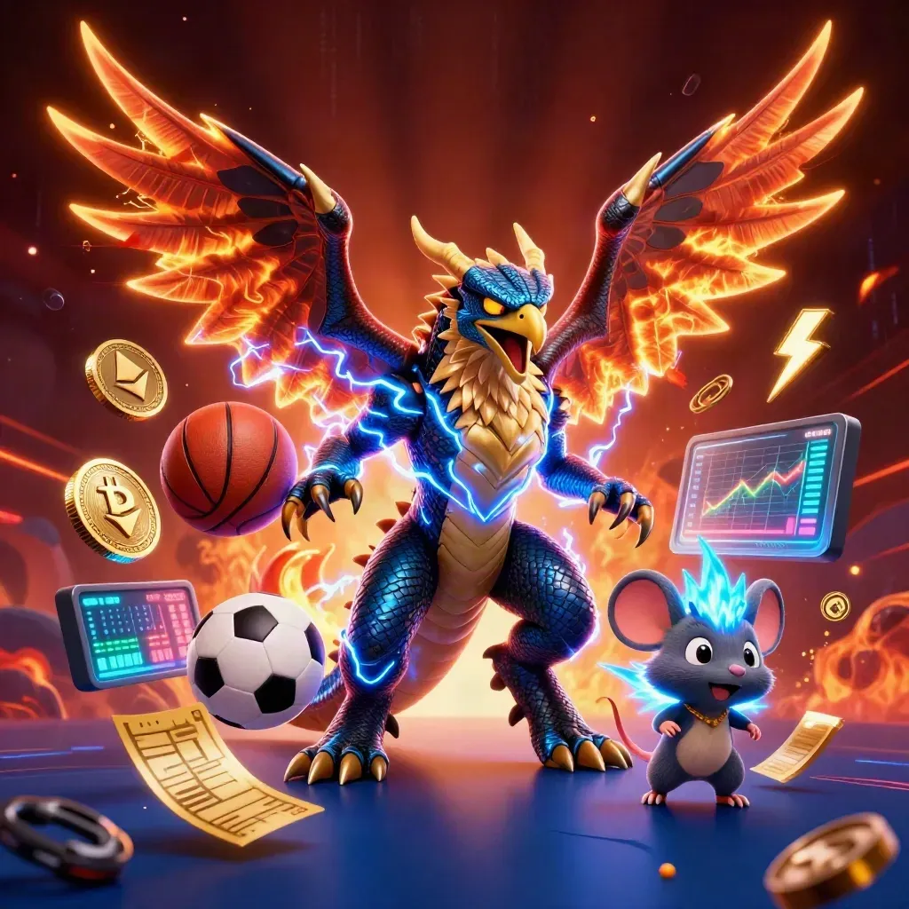 Thunder dragon, hawk and mouse amid coins, lightning, and sports gear in luxe casino glow.