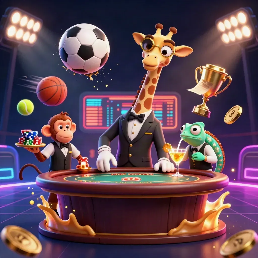 Giraffe high roller, monkey valet, and chameleon bartender amid flying sports balls and casino glow.