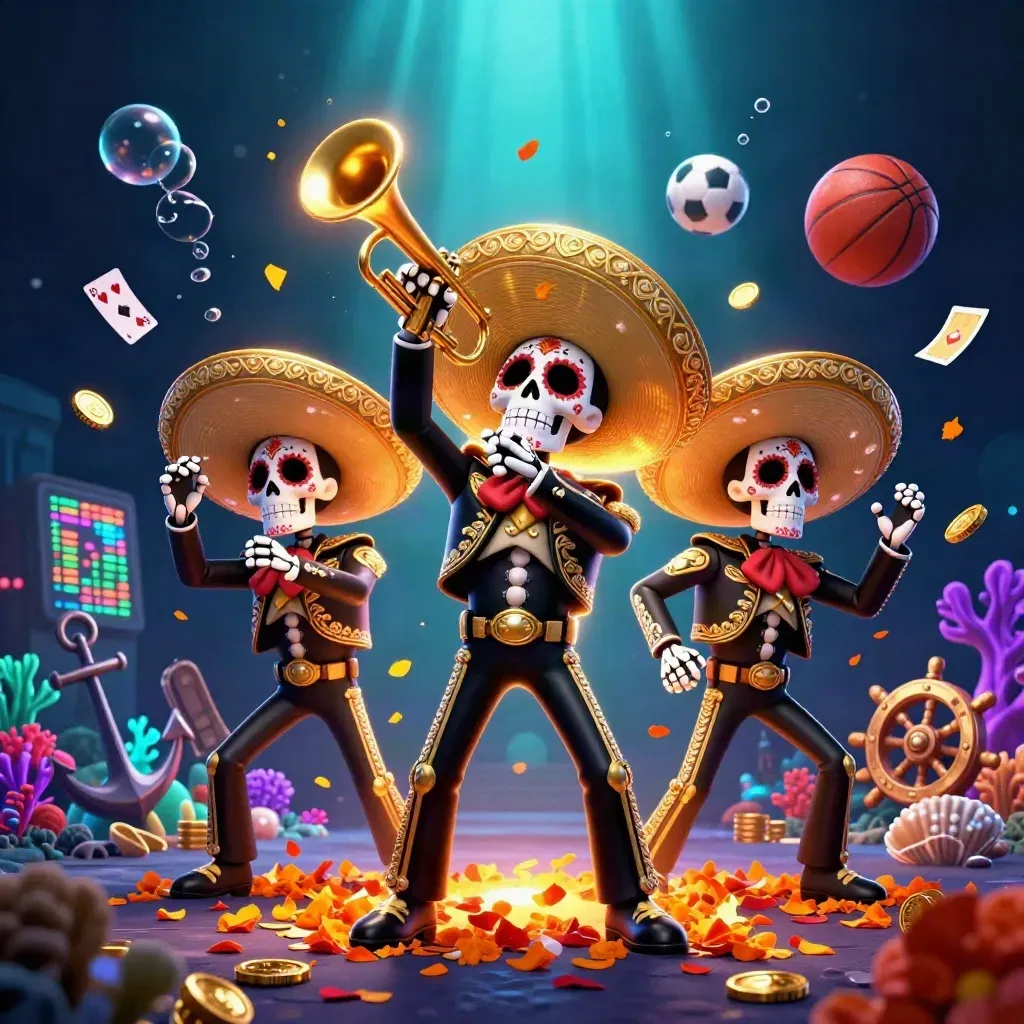 Skeleton mariachi trio amid underwater casino treasure, coins, coral, balls, and glowing lights