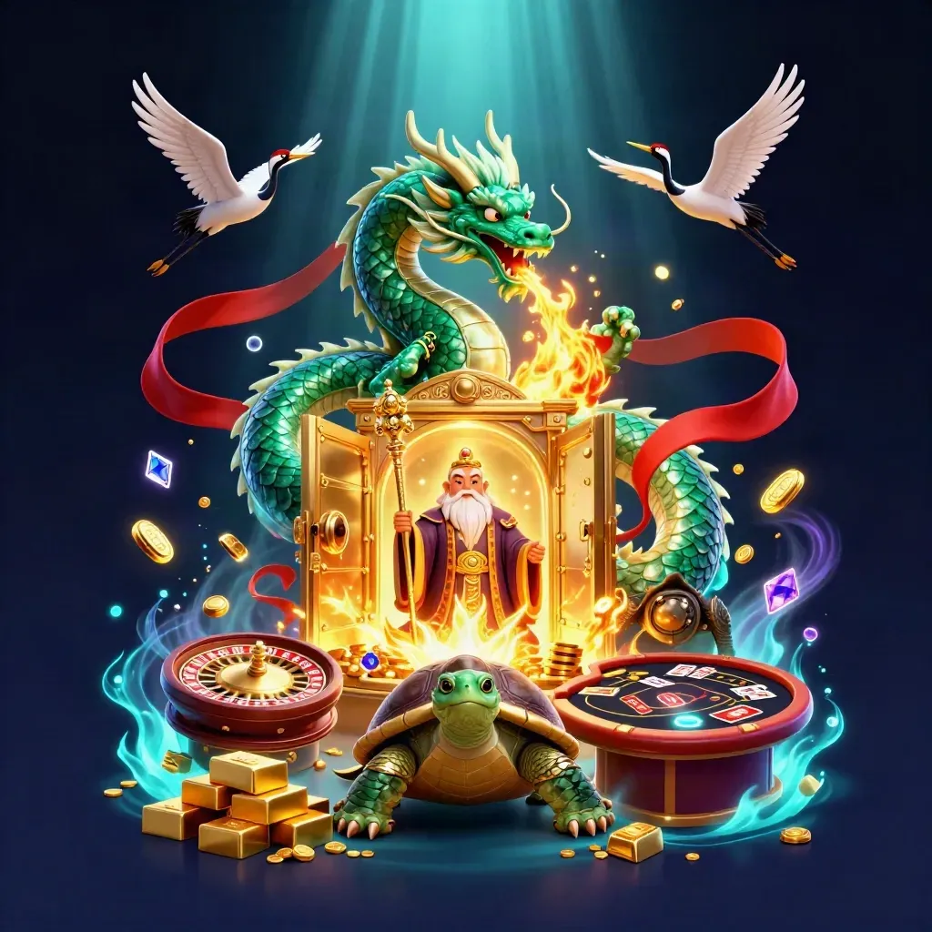 Emerald dragon, turtle sage, and cranes amid gold vault light, treasure, and neon casino effects.
