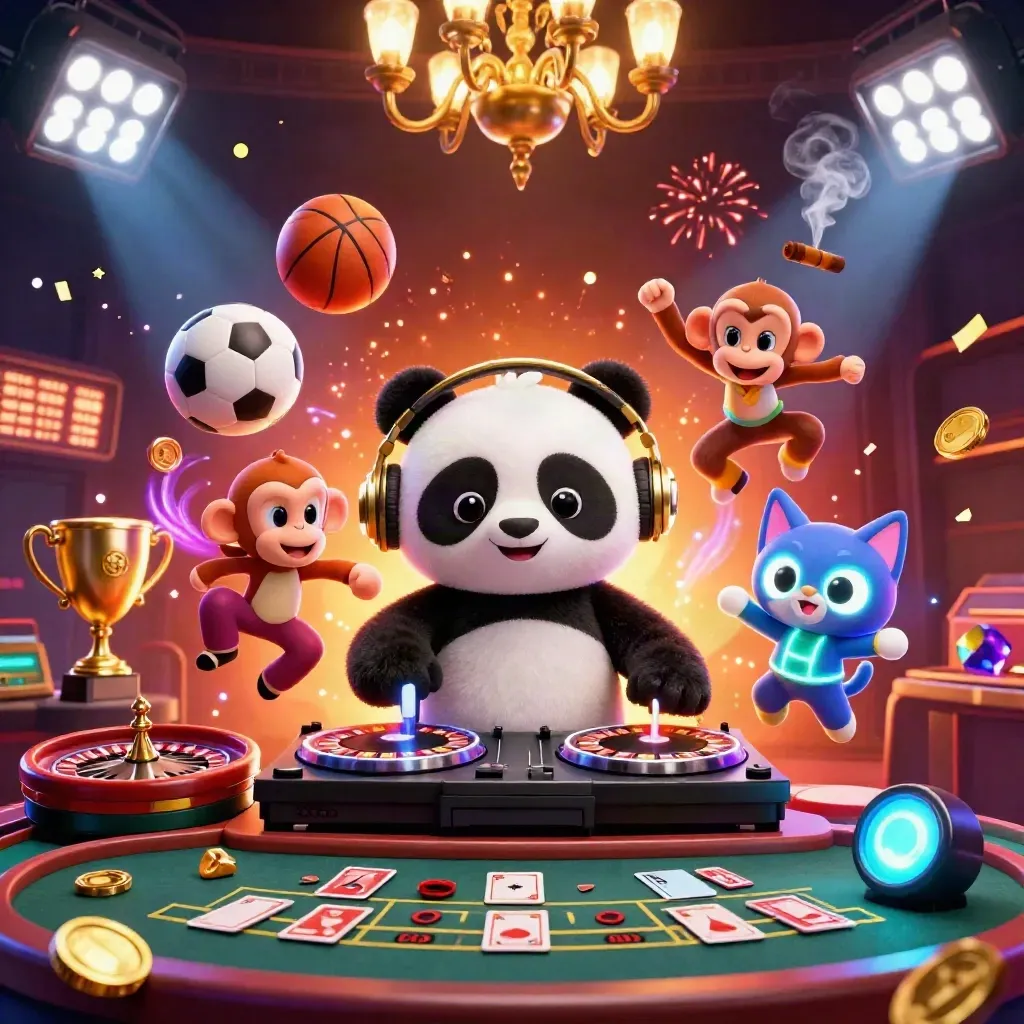 DJ panda, dancing monkey and glow-stick kitten in a luxe neon casino scene with sports balls and gold glow