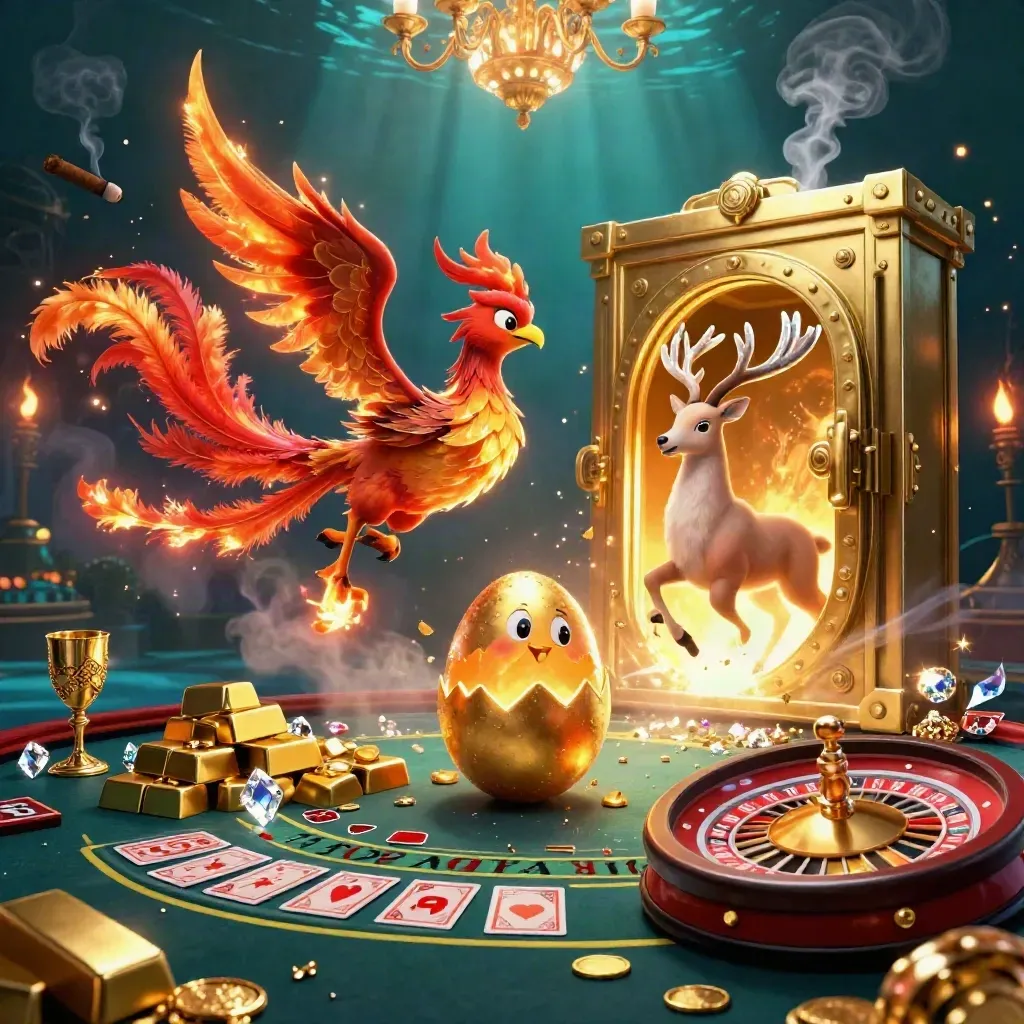 Fire phoenix, baby phoenix, and crystal stag amid vault gold, gems, roulette, and casino glow.