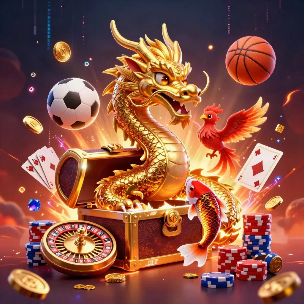 Golden dragon with phoenix, koi, roulette wheel, cards, coins, and sports balls in a casino blaze.