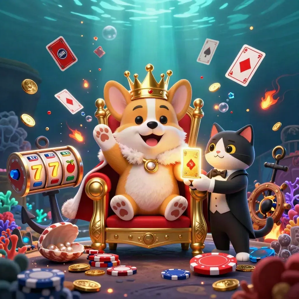 Crowned corgi and cat butler amid underwater gold, coral, cards, and neon casino glow