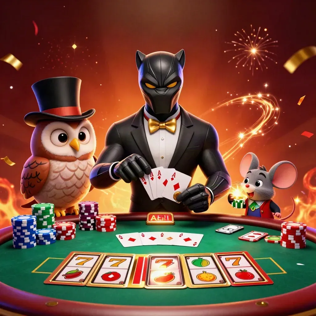 Panther, owl, and mouse casino heroes with chips, cards, and glowing slot effects on a luxe red backdrop