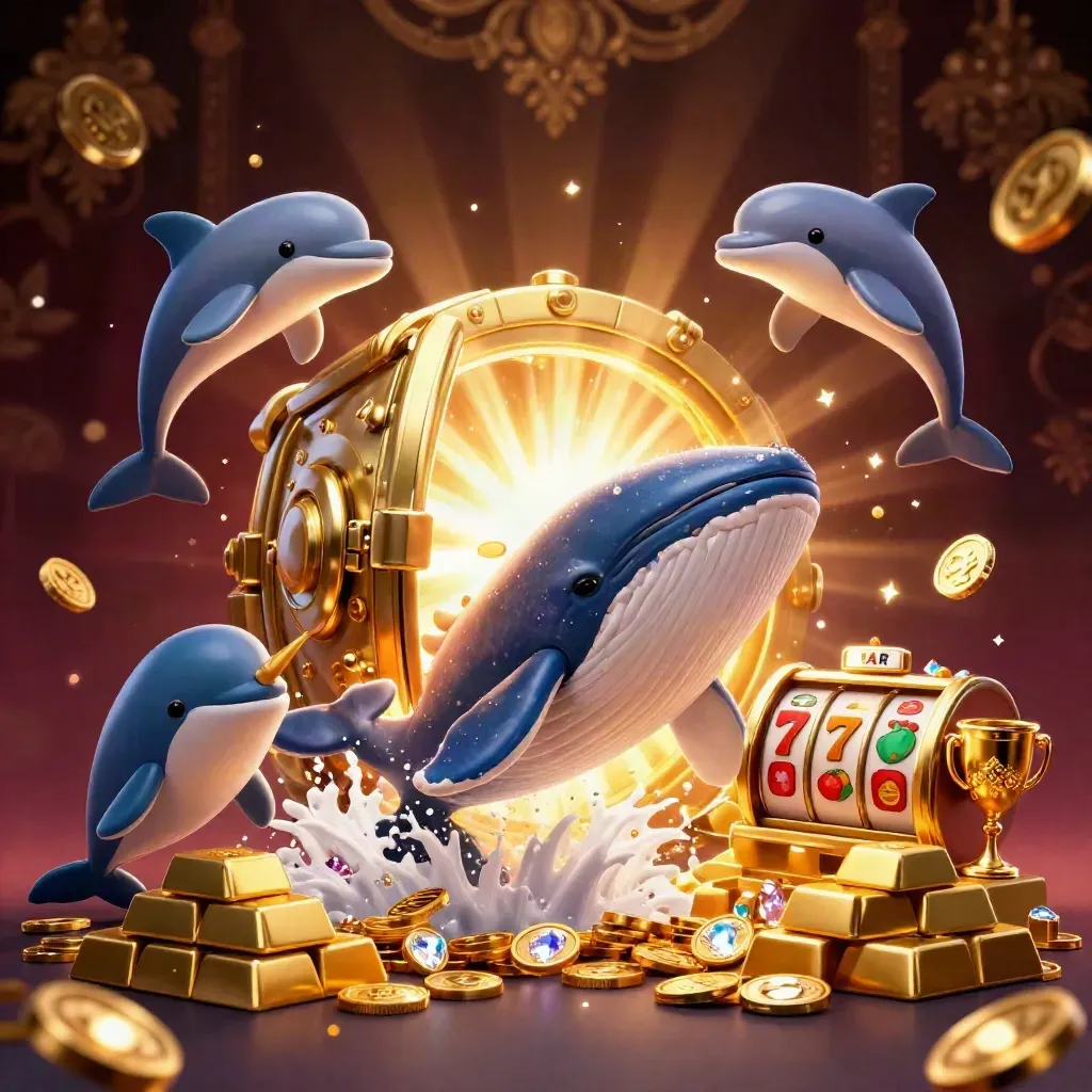 Captain whale, narwhal, and dolphins burst through coins beside a blazing treasure vault
