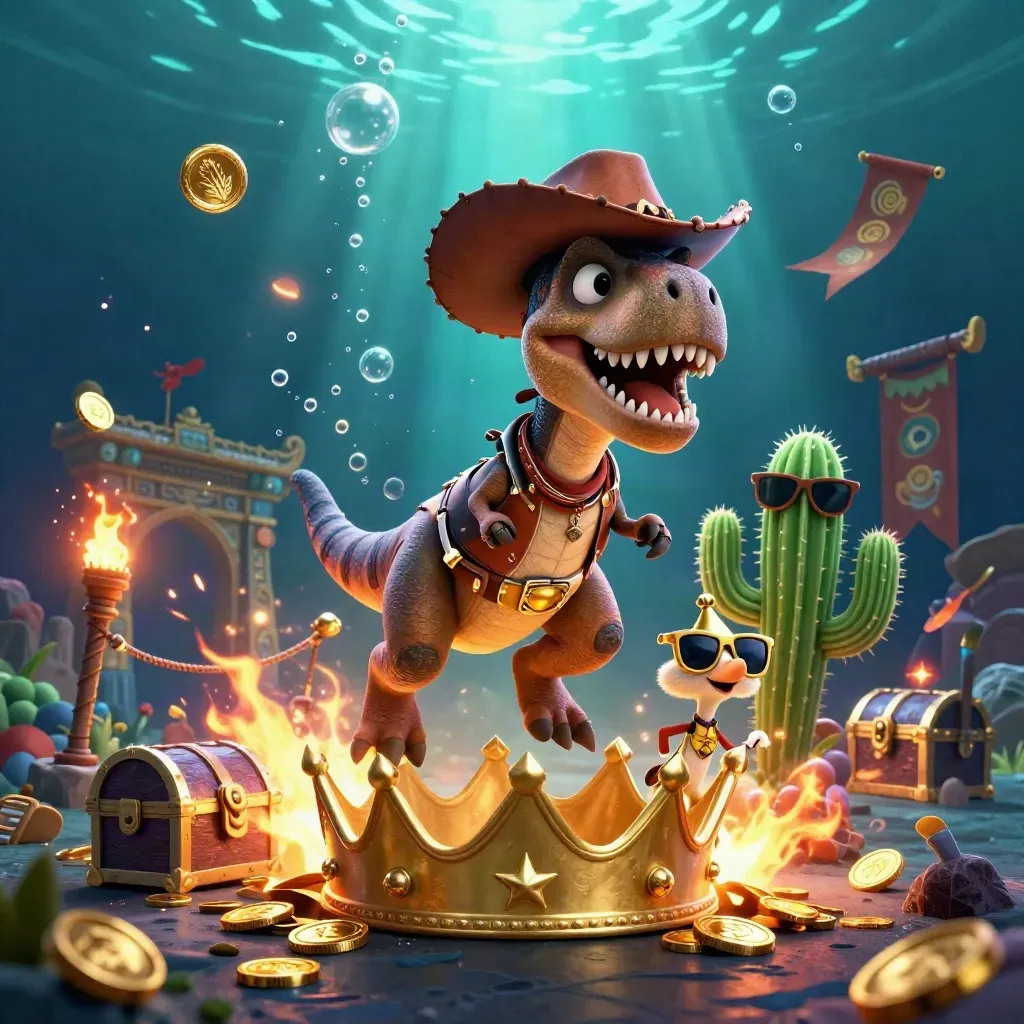 Cowboy T-Rex, cactus sidekick, and roadrunner burst through an underwater treasure hunt.