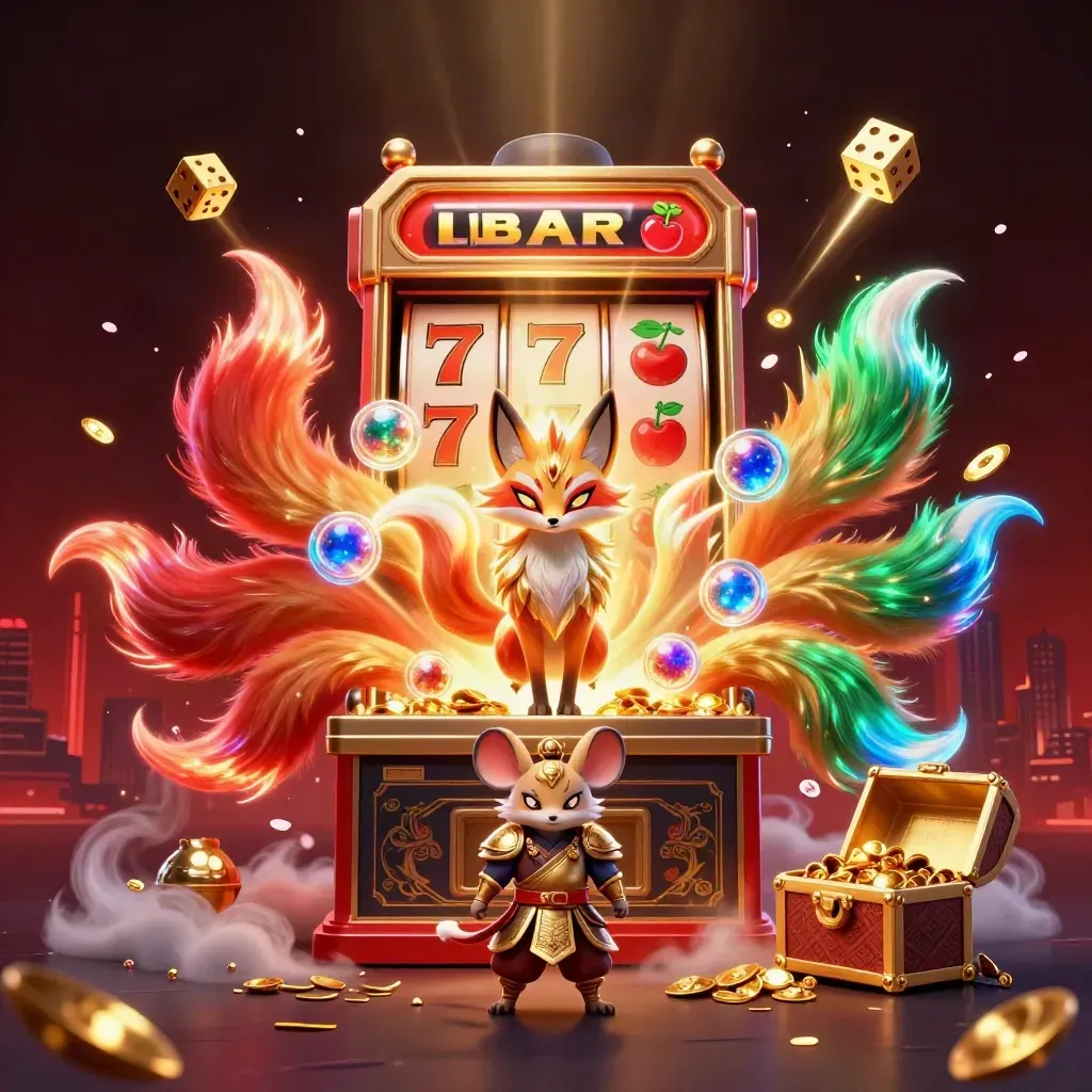 Nine-tailed fox spirit and armored mouse amid exploding slots, gold, cherries, and red neon glow.