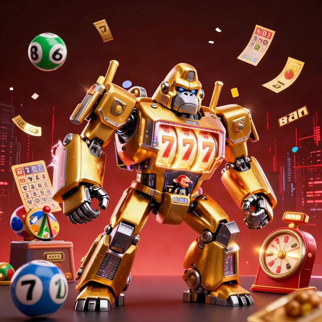 Golden gorilla mech with tiny monkey pilot, exploding casino props, neon red glow.