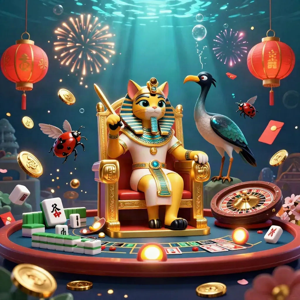 Pharaoh cat, ibis scribe, and gem-wing scarabs amid casino treasures, coins, fireworks, and a roulette wheel.