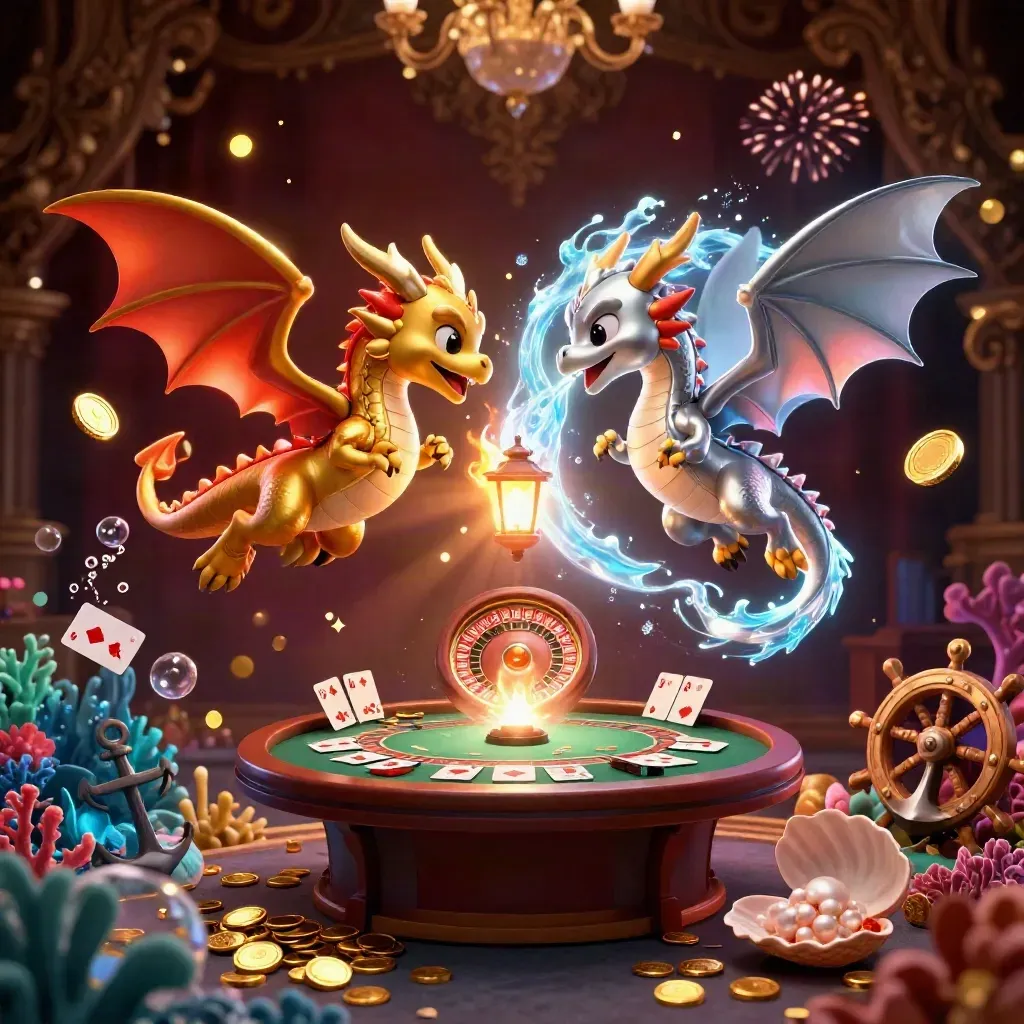 Twin gold and silver dragons spiral with treasure, cards, roulette, and glowing casino effects.