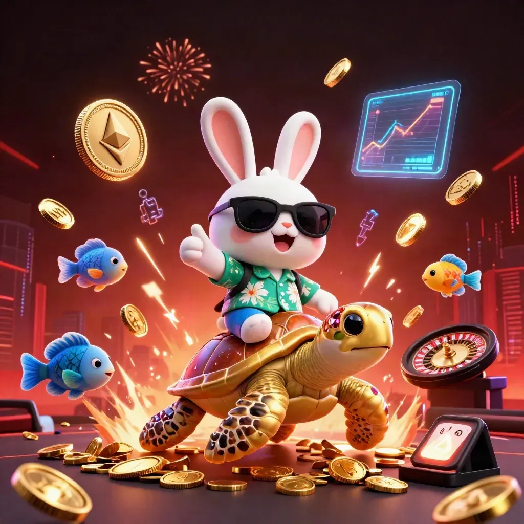 Lucky rabbit on a gold sea turtle amid casino coins, roulette, crypto glow, and fireworks.