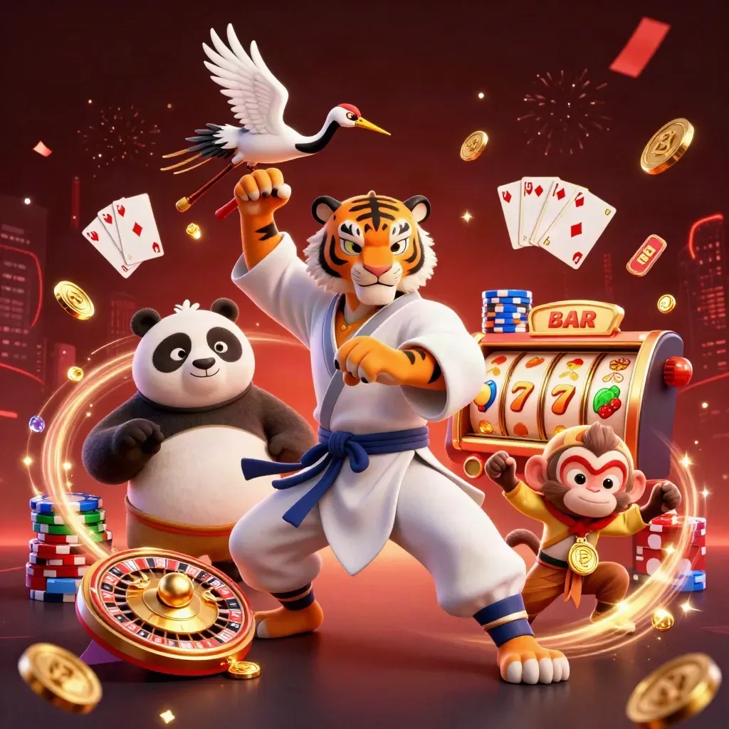 Tiger master, panda disciple, and monkey student amid casino gold, roulette, chips, and fireworks.