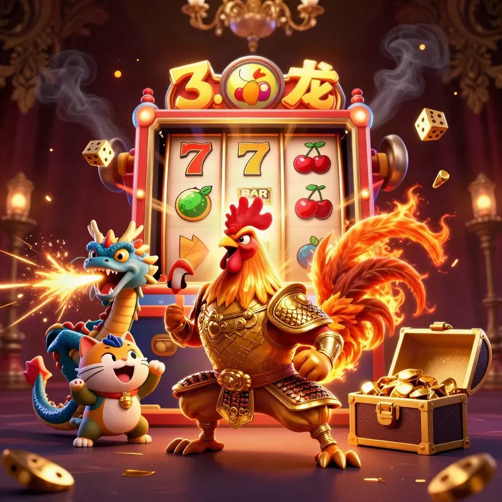 Rooster warrior, dragon hatchling and cheering cat erupt from a glowing slot machine