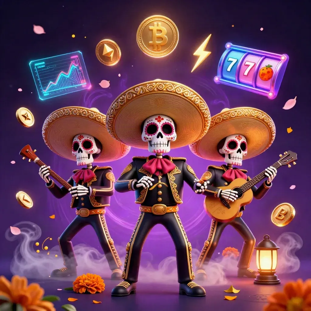 Skeleton mariachi trio amid casino coins, reels, lightning, and neon magic