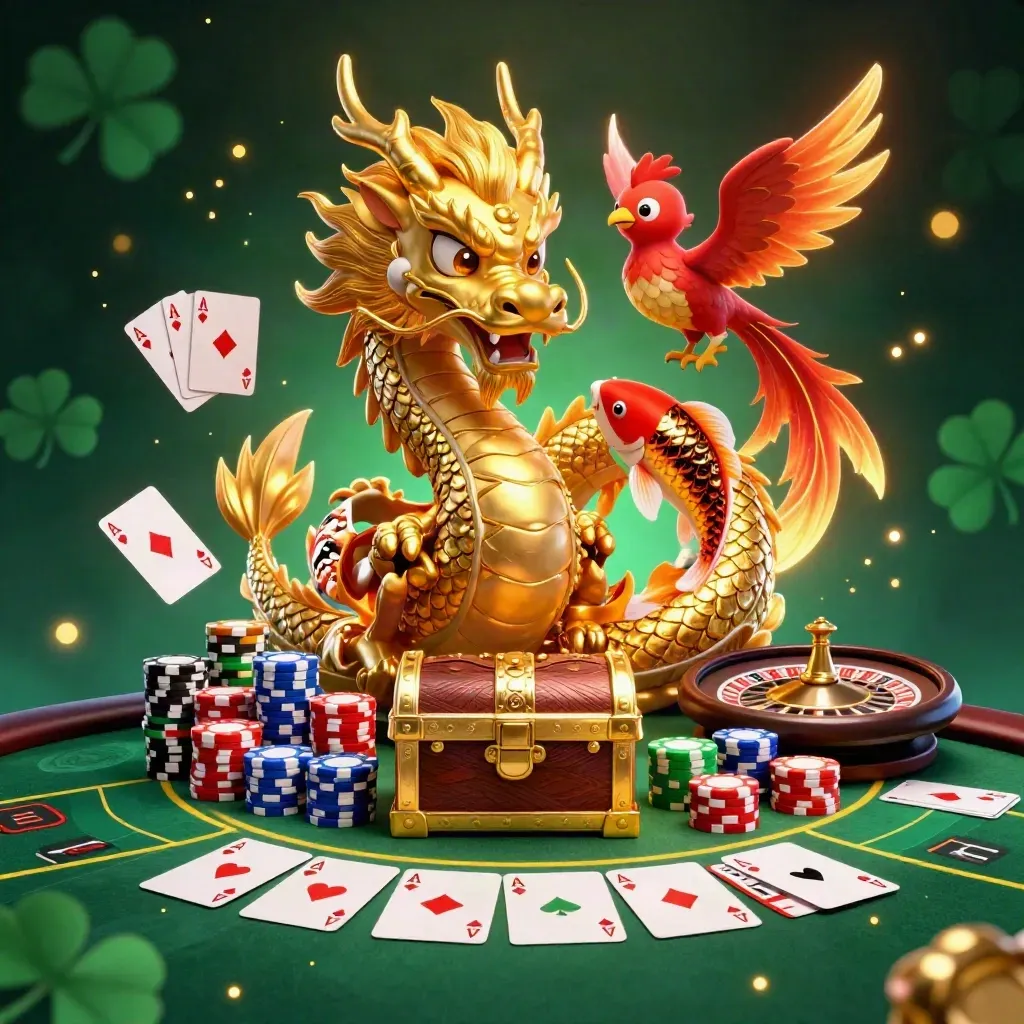 Golden dragon with phoenix, koi, chips, cards, and spinning roulette on a dark luxe casino background