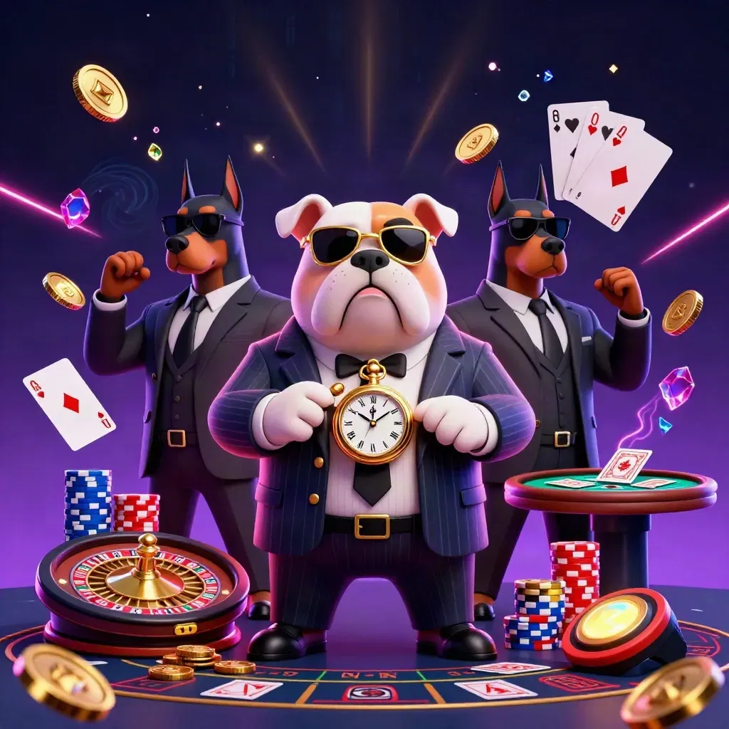 Bulldog boss and two Dobermans amid coins, chips, roulette wheel and neon casino glow