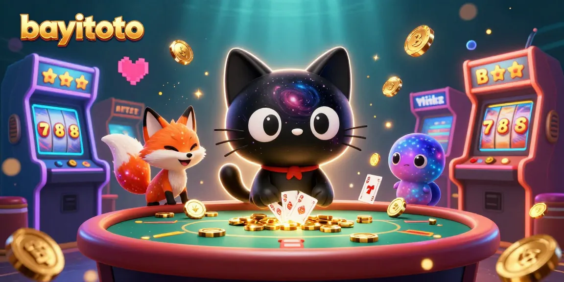 Engaging bayitoto scene with a cosmic black hole cat and nebula fox at a casino table, attracting chips and cards.