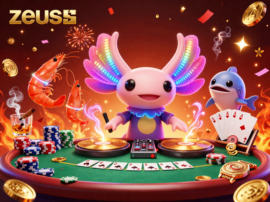 Experience the excitement of zeus in this vibrant casino scene featuring a DJ axolotl and animated shrimp celebrating wins.