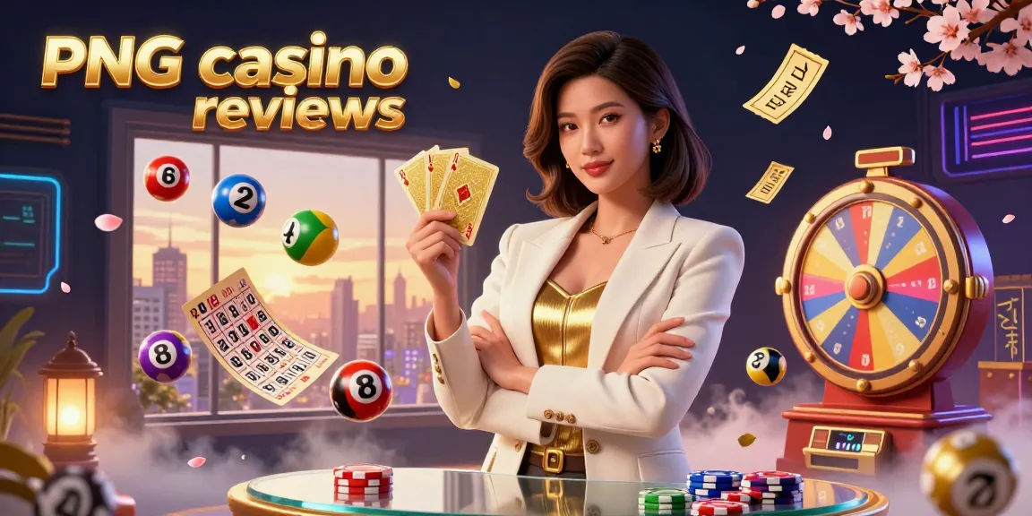 Engaging visual of PNG casino reviews illustrating a professional Asian woman with poker elements amidst dynamic gaming features.