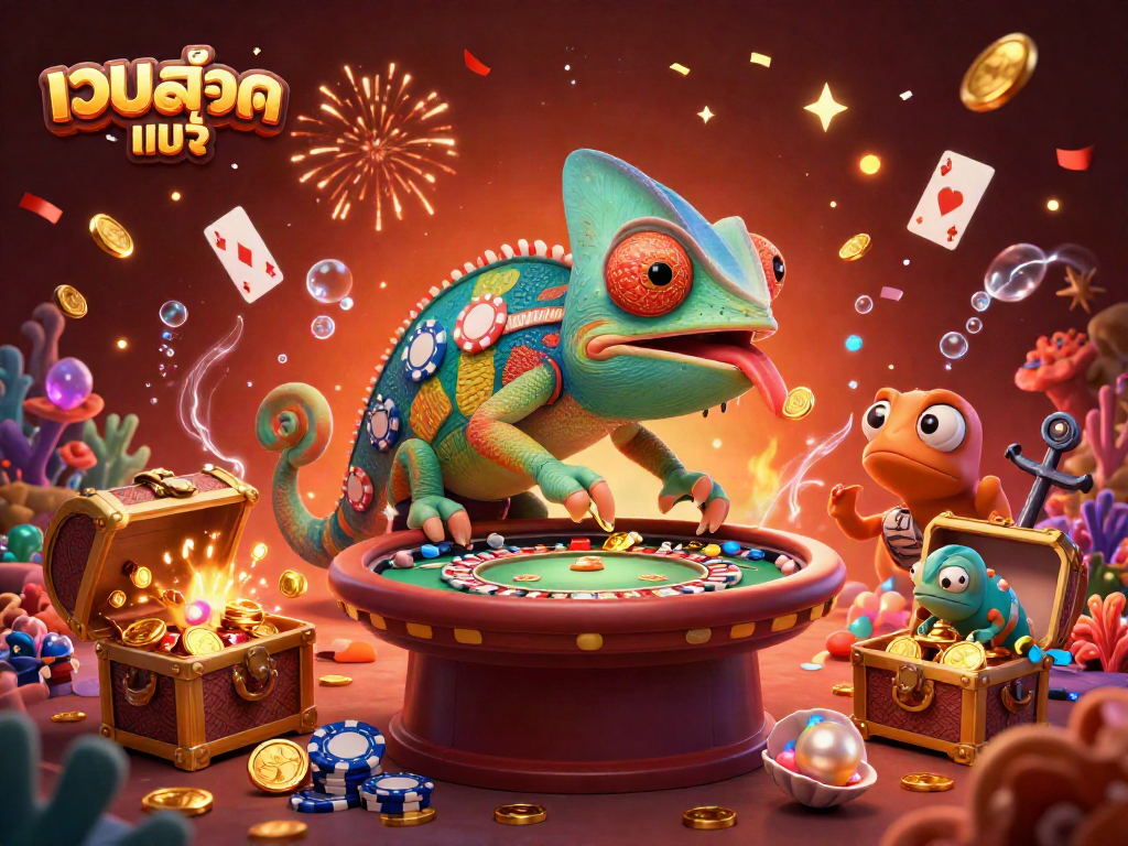 Engage with เว็บสล็อตแท้ in a vibrant casino scene where a chameleon owner oversees explosive celebrations.
