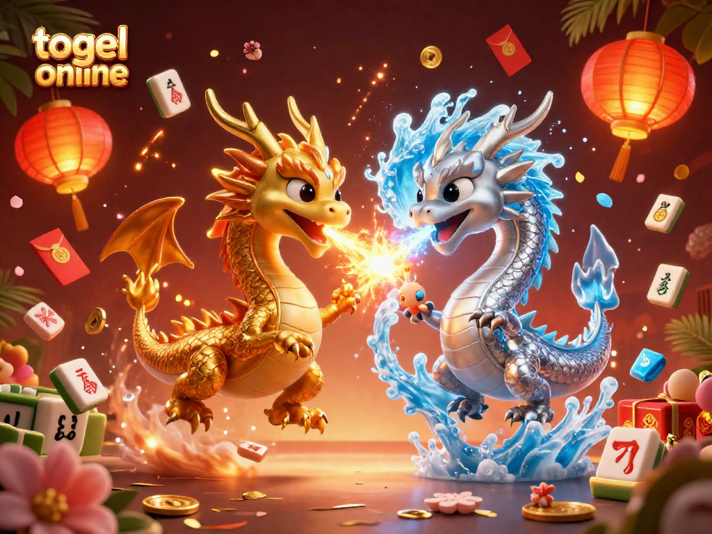 Engage with togel online excitement through this stunning 3D illustration featuring dragons and casino symbols.